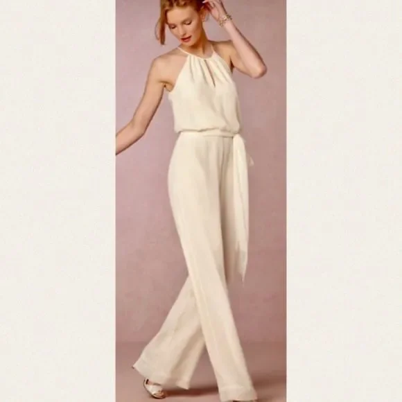 Donna Morgan x BHLDN Jackie 6 Cream Crepe Belted Wedding Jumpsuit New